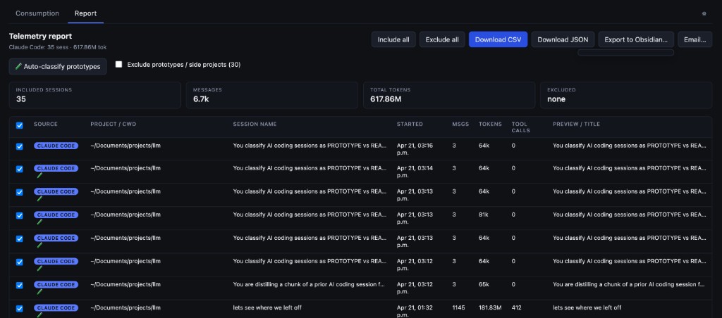 Report table — per-session include/exclude, CSV/JSON/Obsidian export