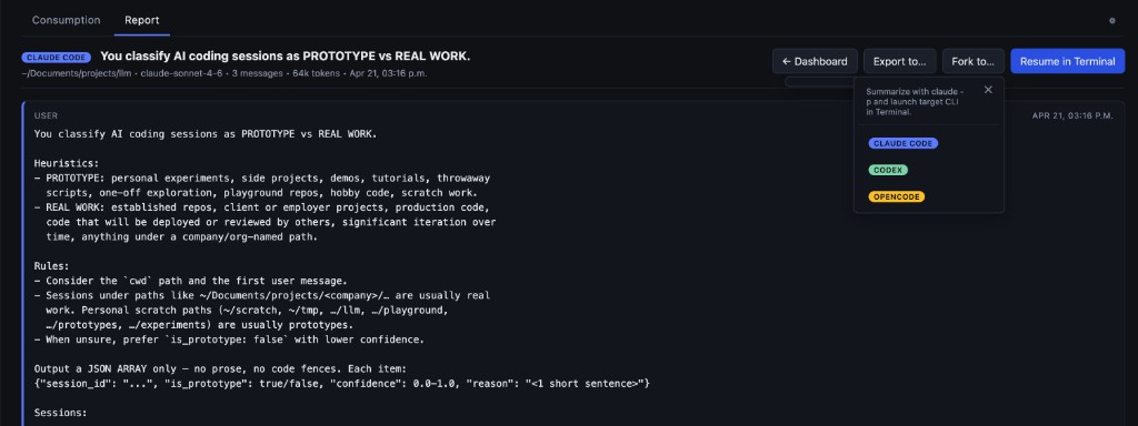 Session detail page with Export, Fork to…, and Resume actions