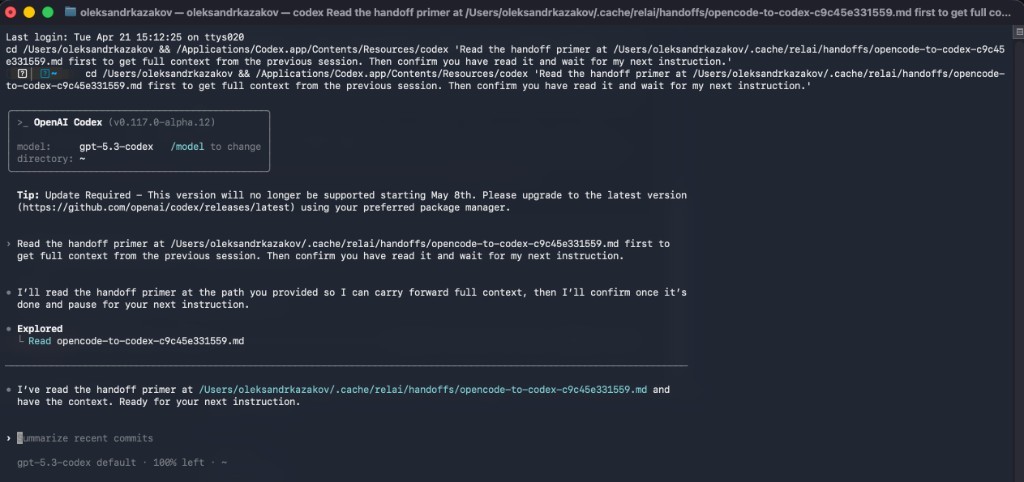Resume in Terminal flow — session resumes in the native CLI