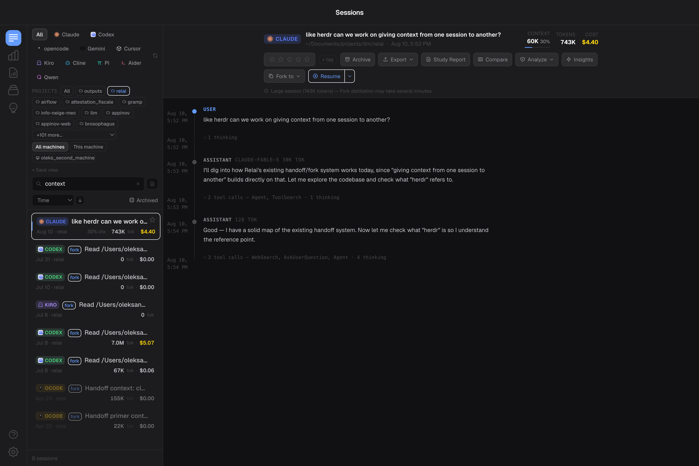Current relai interface with ten coding tools, project filters, and a searchable session transcript